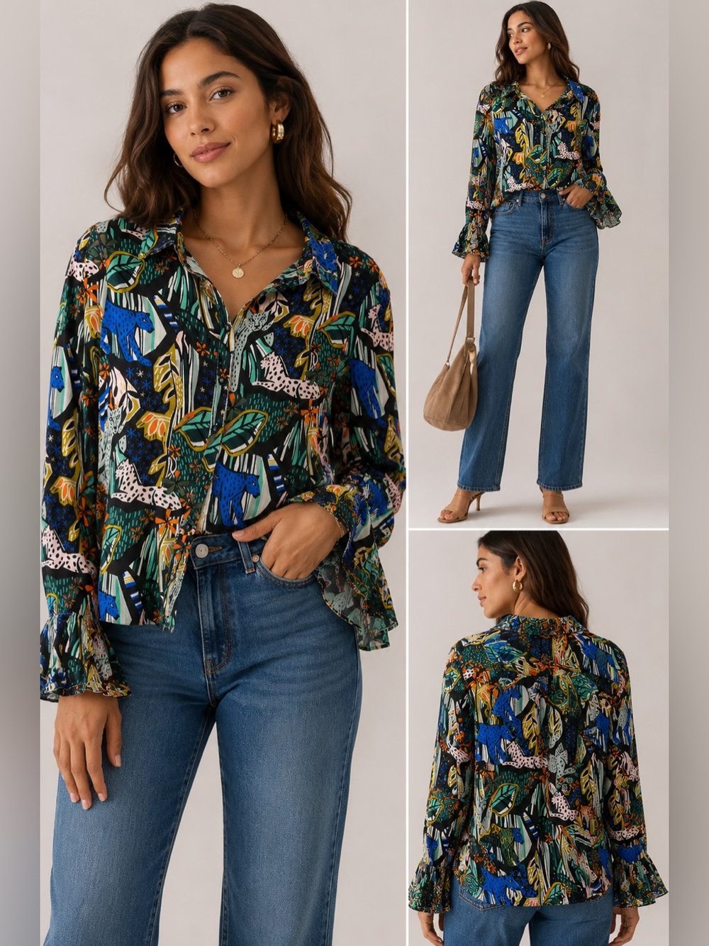 Anthropologie x Masha Voinova Jungle Animal Print Button Front Blouse Size 4